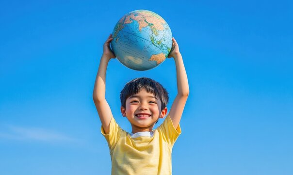 A young boy is holding a globe in the air