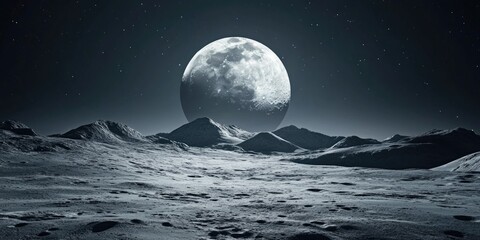 A large moon is in the sky above a barren, rocky landscape