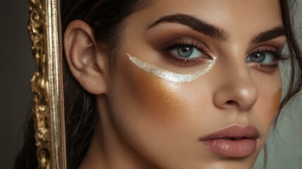 "Mujer con una mirada empoderada, destacando sus ojos claros y maquillaje impecable. Sus ojos resaltan con precisión, reflejando confianza y belleza, capturando un momento de fuerza y elegancia.