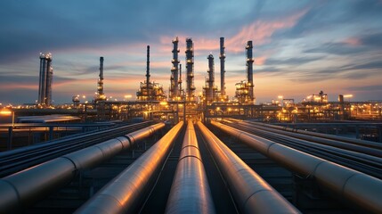 Oil refinery at sunset with a complex network of pipes, showcasing industrial infrastructure.