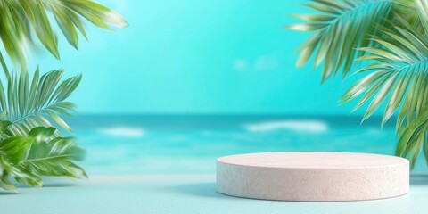 Obraz premium empty podium stage on sea beach with plants, ocean and sky on background