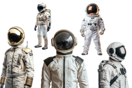 A group of astronauts in white space suits are standing in a row