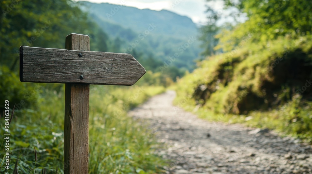 Wall mural wooden signpost near a path in a nature setting, guiding travelers in an open landscape