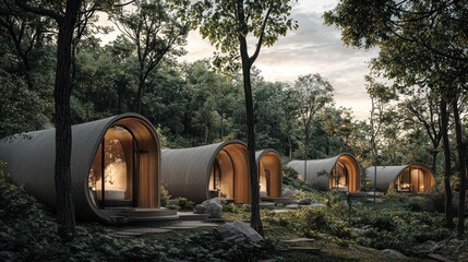 A series of luxury spa cabins in a secluded woodland, each featuring organic curved fiber cement siding that echoes the forms of the surrounding trees and hills