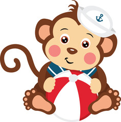Cute sailor monkey holding a ball