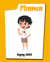 A cute boy cartoon character saying hello AKA minmin, little boy cartoon with black hair. 