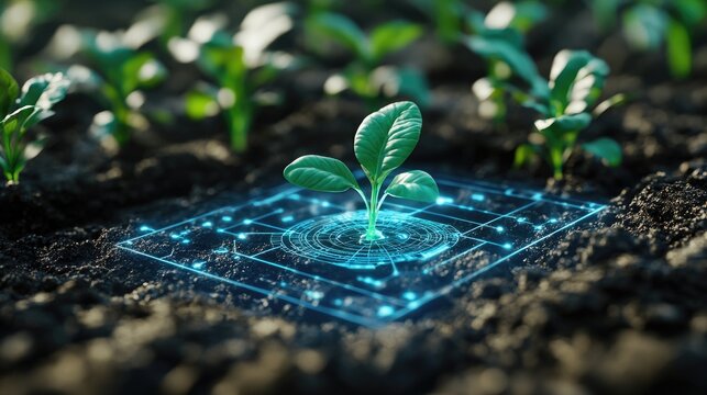 A detailed close-up of a high-tech crop sensor in the ground, with a floating holographic screen showing real-time environmental conditions and plant growth data.