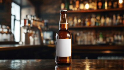 minimalist photo of bottle of beer with empty white label mockup, against the bar background 