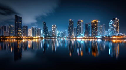 Obraz premium A stunning cityscape at night, featuring a glowing skyline beautifully reflected in a calm river