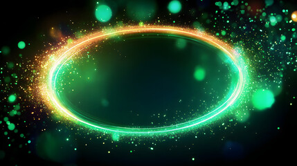 Sparkles and neon glow on a textured abstract background. Circle frame of shiny swirls with green sparks and blur.