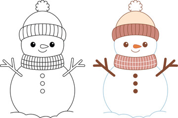 Cute Snowman Cartoon Coloring Page. Christmas and Winter Illustration