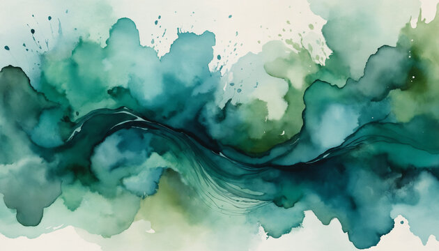 Fond abstrait vert bleu turquoise texture &eacute;claboussures coulures nuages peinture art aquarelle liquide fum&eacute;e encre vaporeux d&eacute;grad&eacute;.