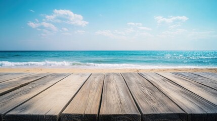 Wooden planks set against a summer beach backdrop Evoking calm relaxation and endless possibilities Ideal for product or travel-related designs