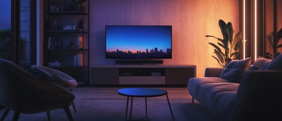Modern TV Mockup in Serene Night-Time Living Room Interior with Plush Chairs and Bookshelf