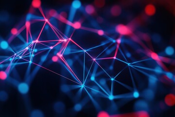 An abstract digital network of interconnected red and blue geometric shapes and lines