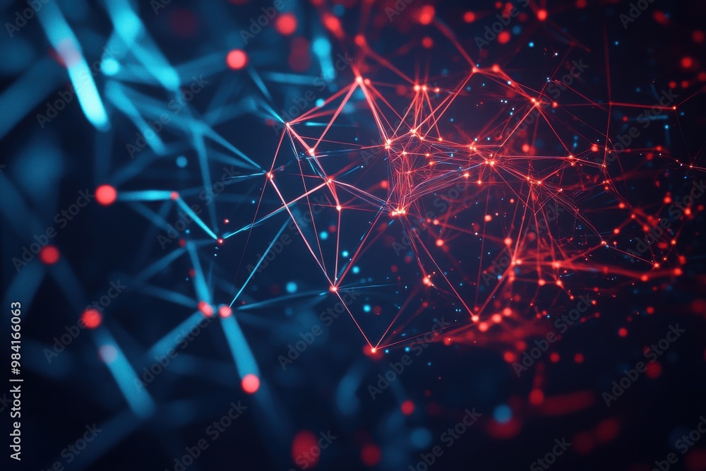 Aufkleber an abstract digital network of interconnected red and blue geometric shapes and lines