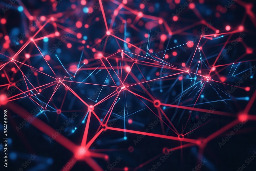 Poster an abstract digital network of interconnected red and blue geometric shapes and lines