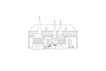 Line illustration of the Medieval Town hall building on the market square with council scales in Einbeck, Germany