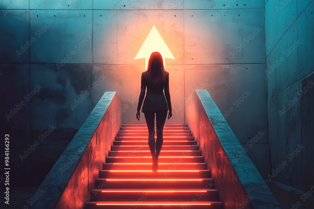Poster woman ascending illuminated stairs towards an arrow symbol on a wall in a modern, dimly lit setting.