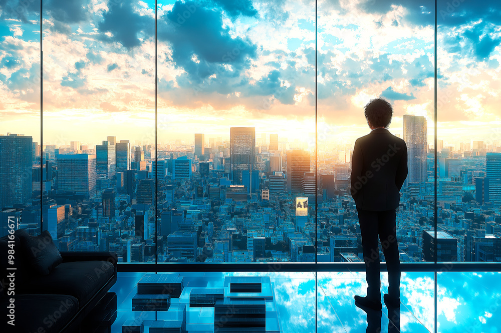 Poster silhouette of a person standing before a large window with a bright cityscape background at sunrise 