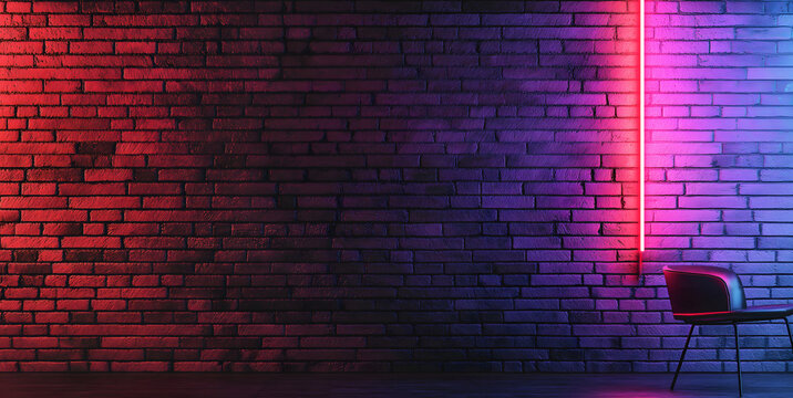 Modern futuristic neon lights on old grunge brick wall room background. 3d rendering