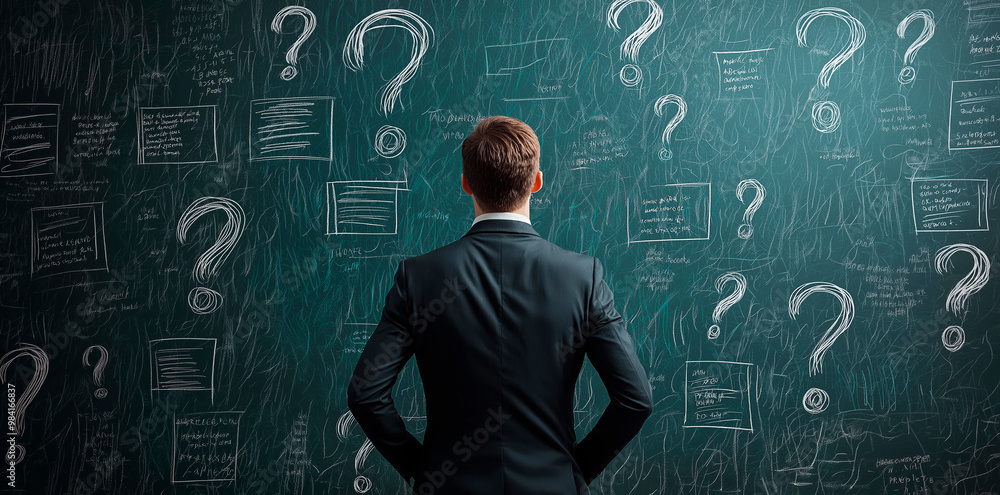 Poster businessman contemplating chalkboard filled with question marks and notes.