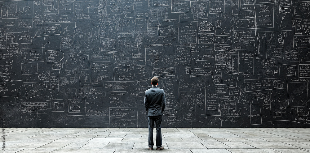 Aufkleber Man in suit standing in front of a large chalkboard filled with complex equations and diagrams.