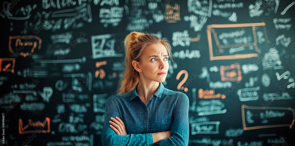 Poster thoughtful woman stands in front of a chalkboard with complex equations and diagrams.