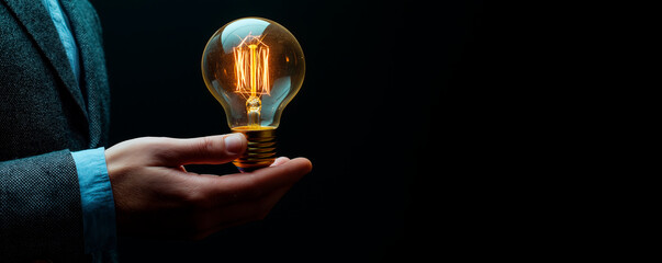 Hand holding illuminated lightbulb in dark background, symbolizing bright ideas and creativity.
