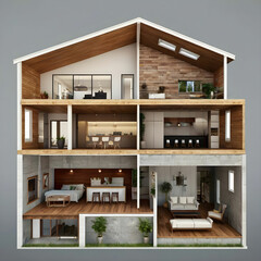 Modern home cross section 3d rendering