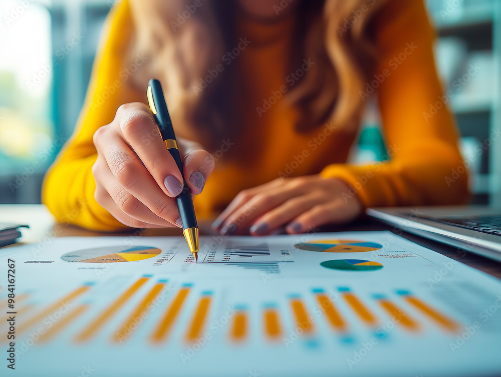 Poster Close-up of a person analyzing graphs and charts with a pen on a desk.