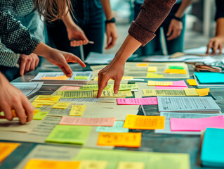 Business collaboration and brainstorming session with sticky notes on a table.