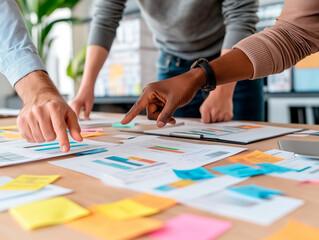 Team members brainstorming with documents and sticky notes on a wooden table in a modern office.