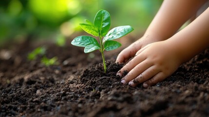 Cultivating a Sustainable Future: Child's Hands Planting Seedling in Fertile Soil