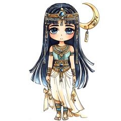 Cute Cartoon Egyptian Goddess with Crescent Moon Illustration.