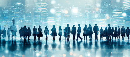 Business team silhouettes against a futuristic cityscape background.