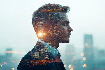 Double Exposure of Businessman with Cityscape in Profile View.