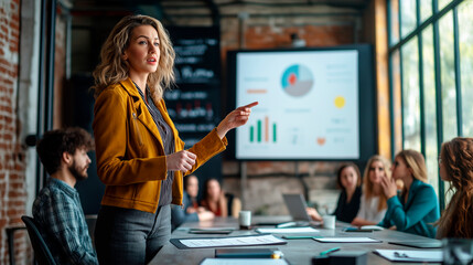 Businesswoman presenting data during a team meeting in a modern office with a large window and natural light.