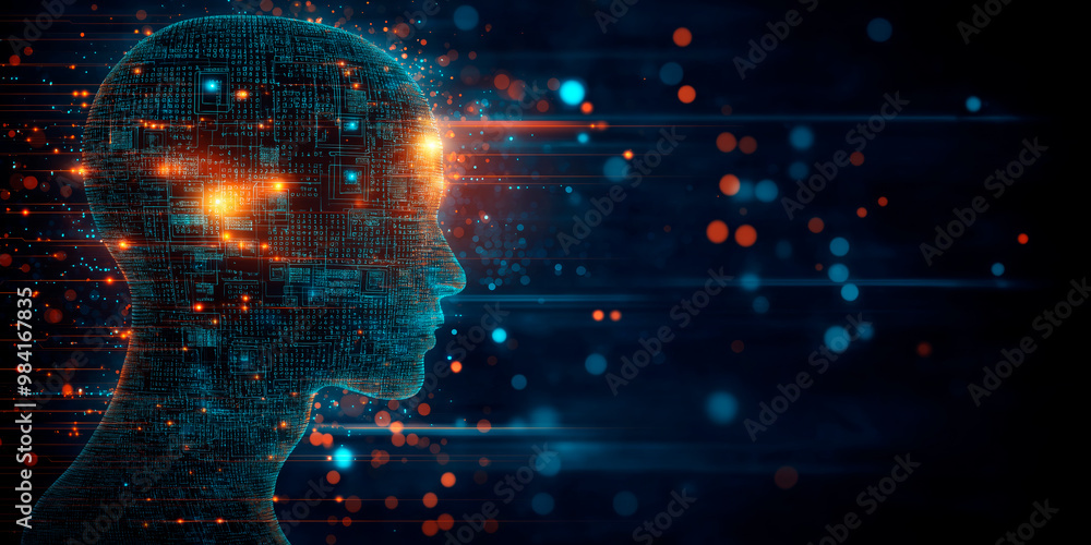 Aufkleber Abstract profile of a human head with glowing digital circuits and binary code on a dark background.