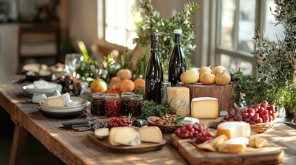 Fototapeta premium Rustic Farmhouse Dining Table with Artisanal Food Products for Lifestyle Brand Promotion