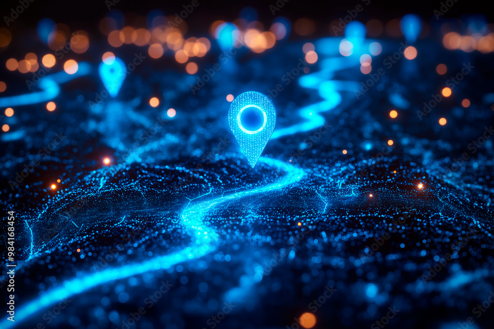 Poster glowing navigation pin on digital map background.