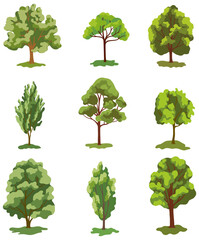 Set of green  trees isolated on a white background. Hand drawn illustration collection.
