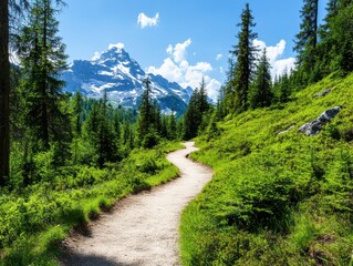 A captivating mountain hiking trail that offers breathtaking views as it winds through dense forests and ascends towards snowy peaks