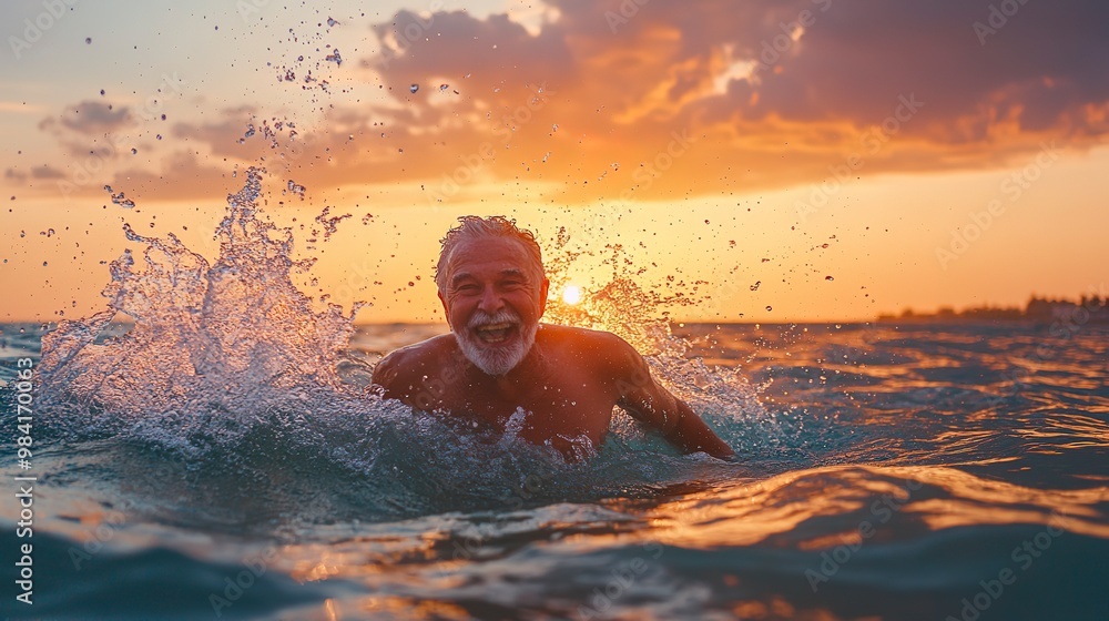 Poster Joyful elderly man swimming in the sea, splashing water during a beautiful sunset