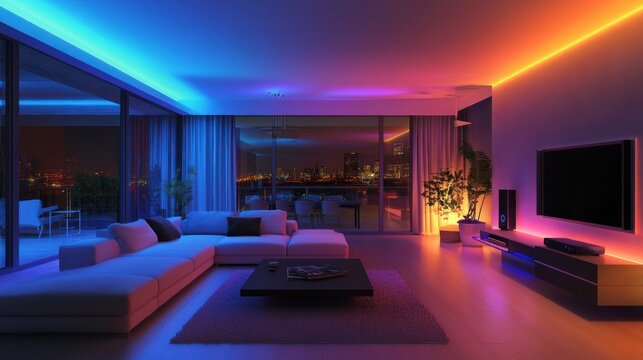 Smart home: a contemporary living room with colored LED lighting
