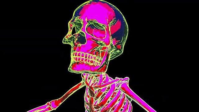 Seamless animation of a zombie walking skeleton isolated with alpha channel. Halloween background with cartoon illustration effect