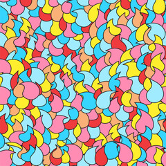 Colorful drops, droplets, tears seamless repeat vector pattern. Light blue, yellow, pink and red colors. Hand drawn artistic template.