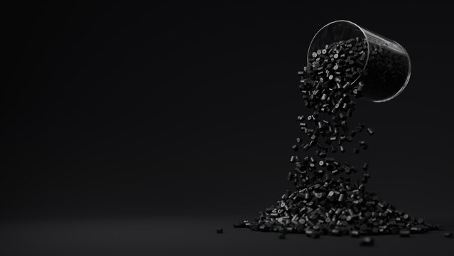 Black plastic polypropylene granules pouring from the glass on a black backdrop, masterbatch polymer grain pile. HDPE or PVC resin pellets. Place for text. 3d render illustration