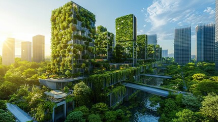 Fototapeta premium Modern Cityscape with Lush Greenery and Waterway