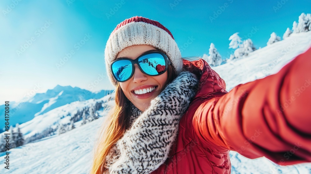 Wall mural Happy woman posing for winter selfie on a ski resort. Sport and healthy lifestyle concept